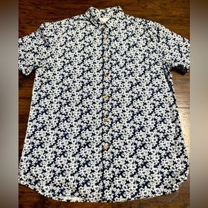 Cactus Hawaiian Shirt Men Size Large Hibiscus Floral Wood Button Navy/White